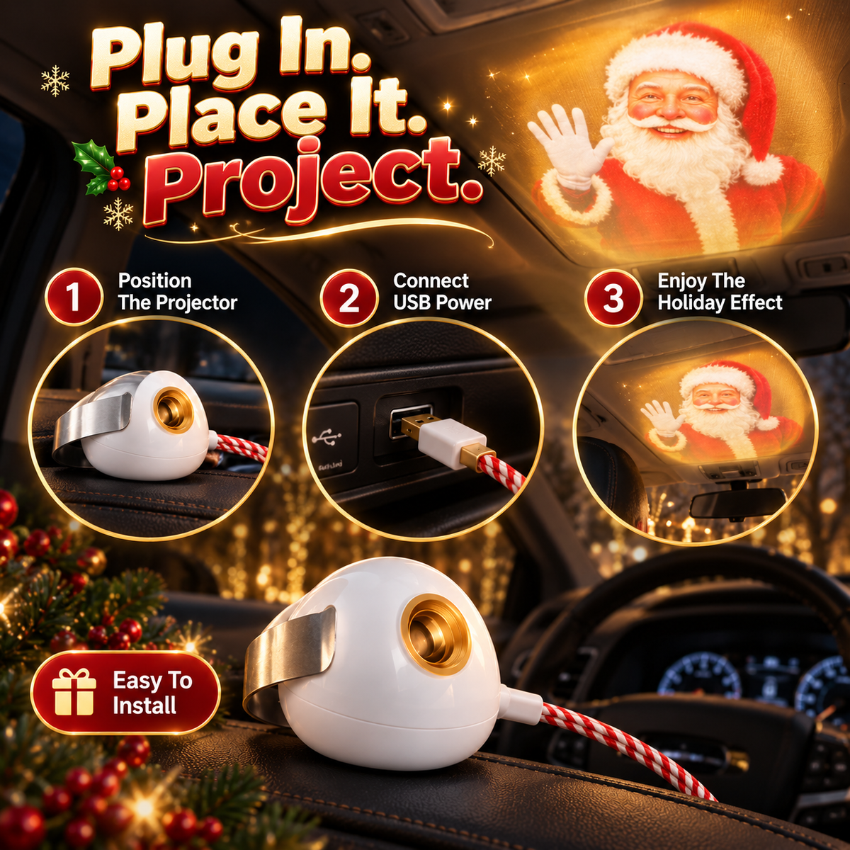 🎅 Santa Beam™ Christmas Car Projector🎄– USB Holiday Projection Light with 6 Santa Films✨