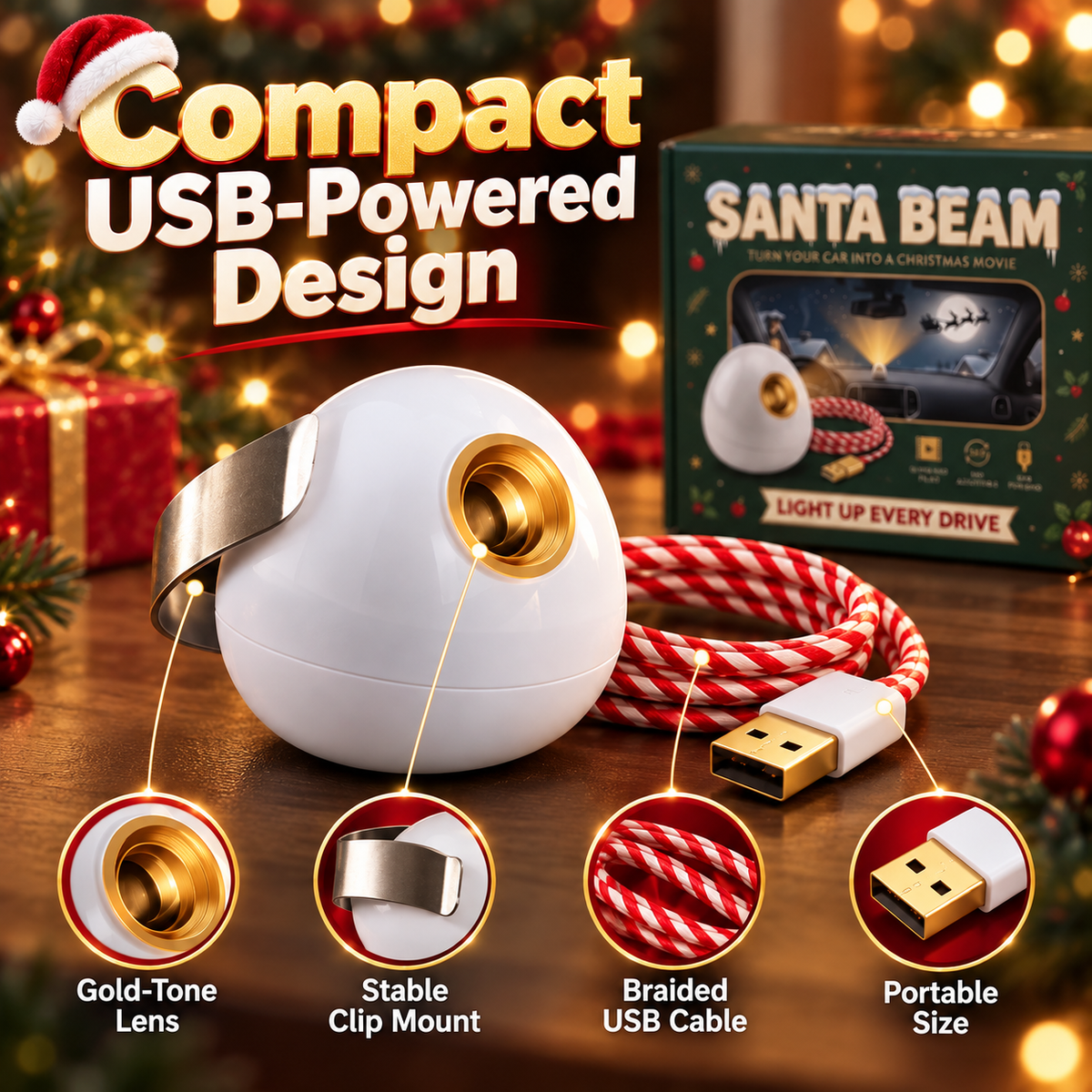 🎅 Santa Beam™ Christmas Car Projector🎄– USB Holiday Projection Light with 6 Santa Films✨