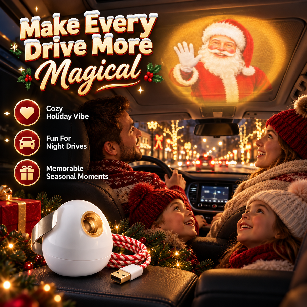 🎅 Santa Beam™ Christmas Car Projector🎄– USB Holiday Projection Light with 6 Santa Films✨