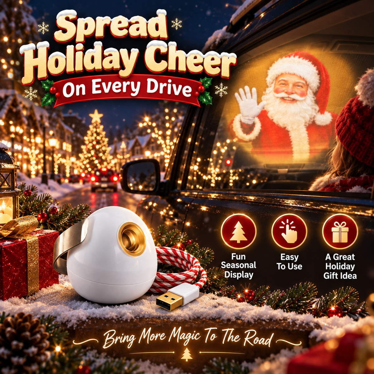 🎅 Santa Beam™ Christmas Car Projector🎄– USB Holiday Projection Light with 6 Santa Films✨