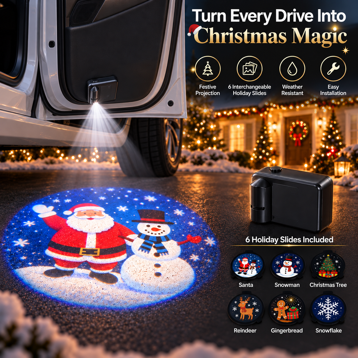 🎄Christmas Magic Car Door Projector🎅– 6 Festive Projection Slides✨
