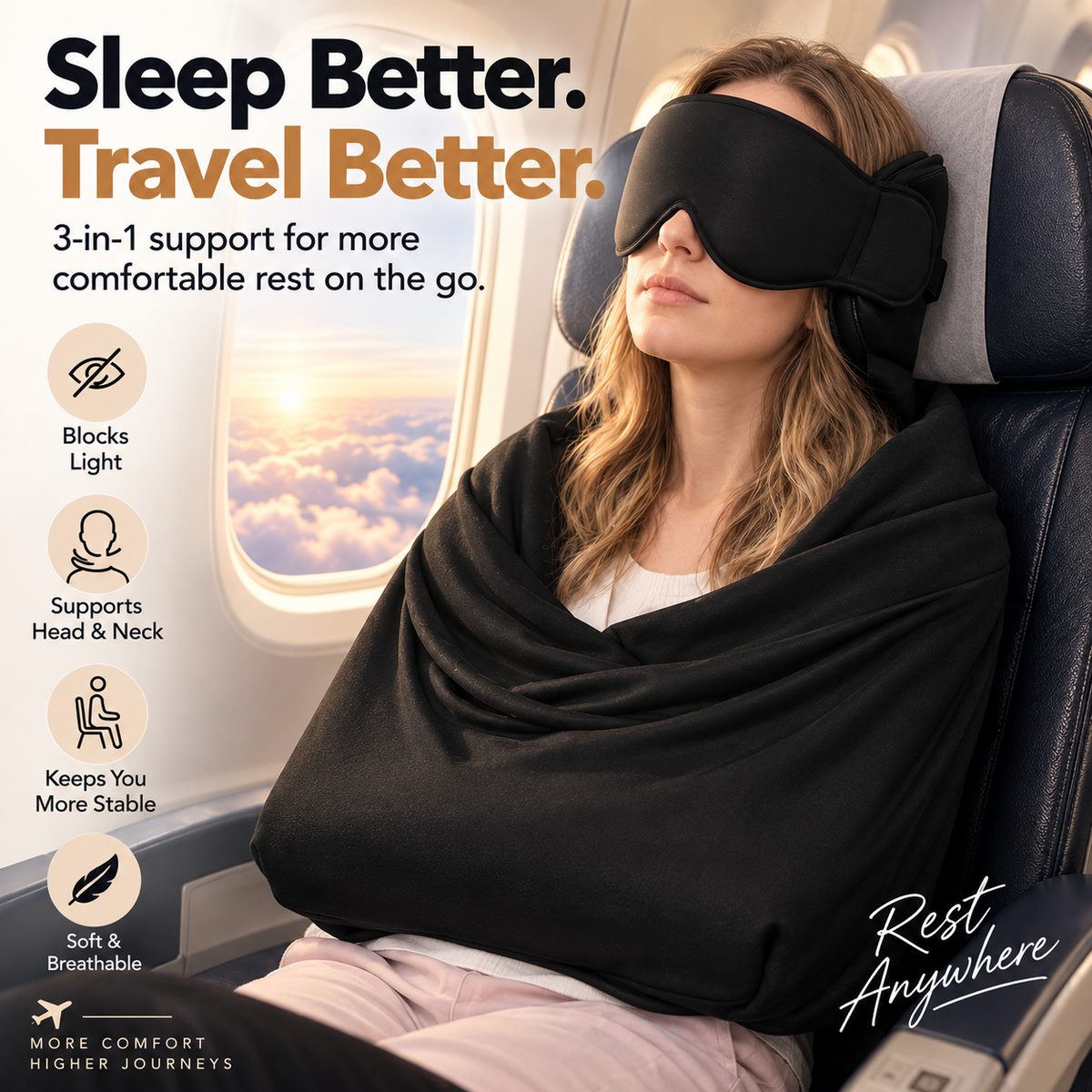 ✈️ 50% OFF 3-in-1 Travel Sleep Support – Blackout Eye Mask & Head Support