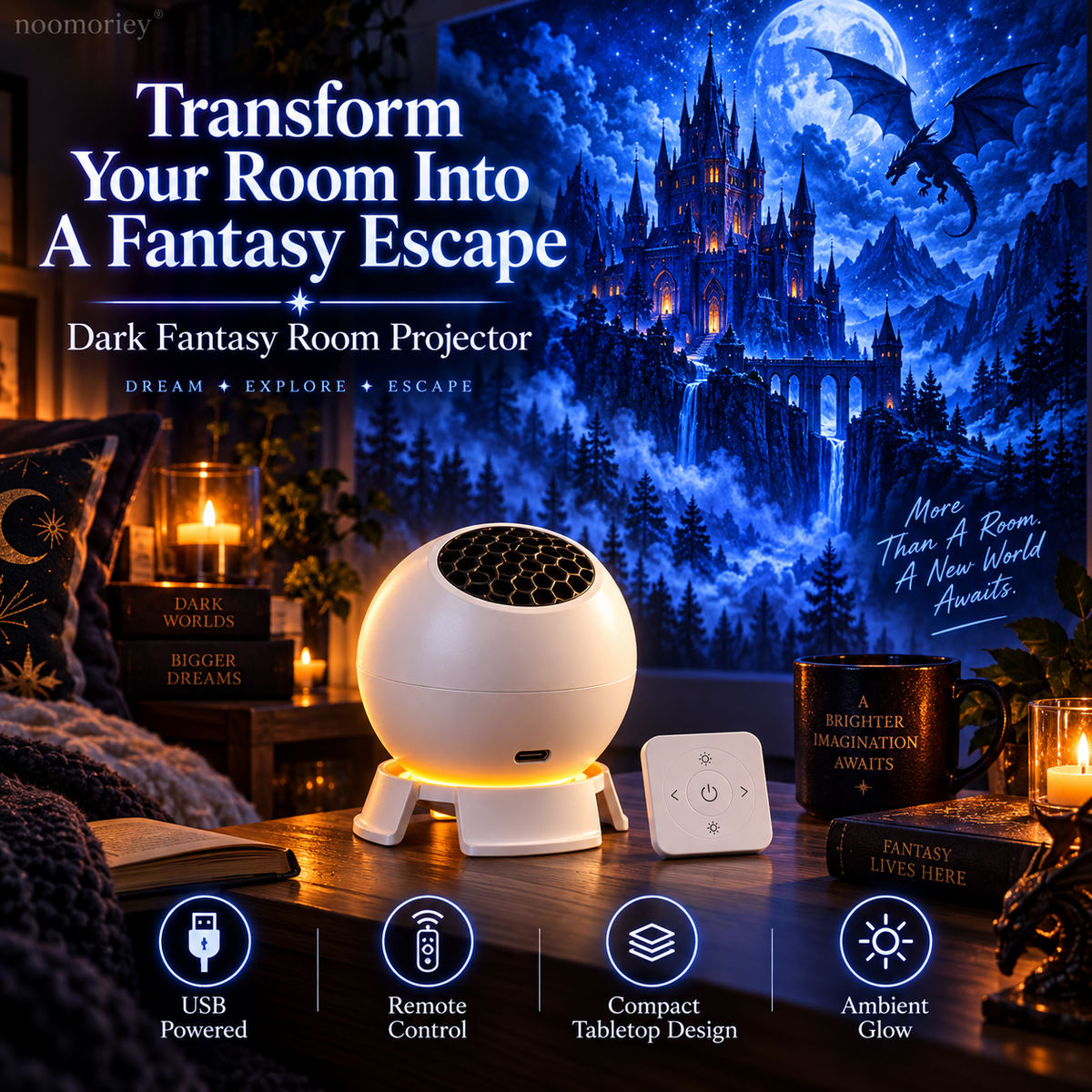 🐉 Dark Fantasy Dragon Room Projector – Immersive Castle, Forest & Frozen World Light ✨