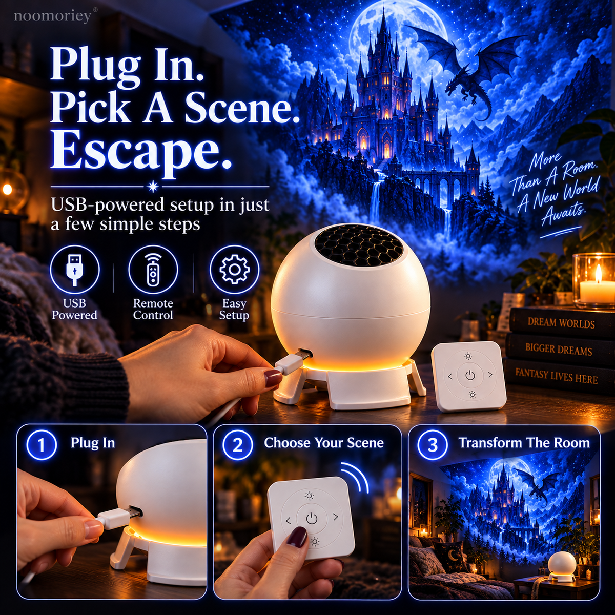 🐉 Dark Fantasy Dragon Room Projector – Immersive Castle, Forest & Frozen World Light ✨