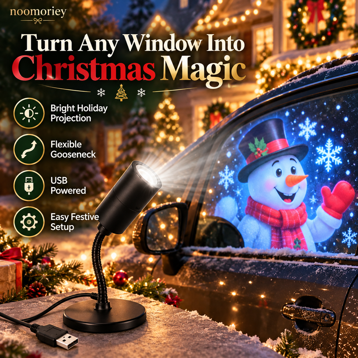 🎄 Christmas Window Projector Light – USB-Powered Flexible Holiday Snowman Display