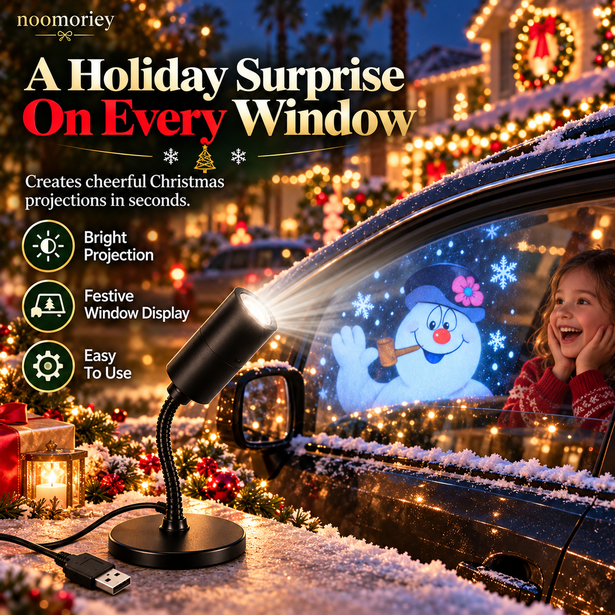 🎄 Christmas Window Projector Light – USB-Powered Flexible Holiday Snowman Display