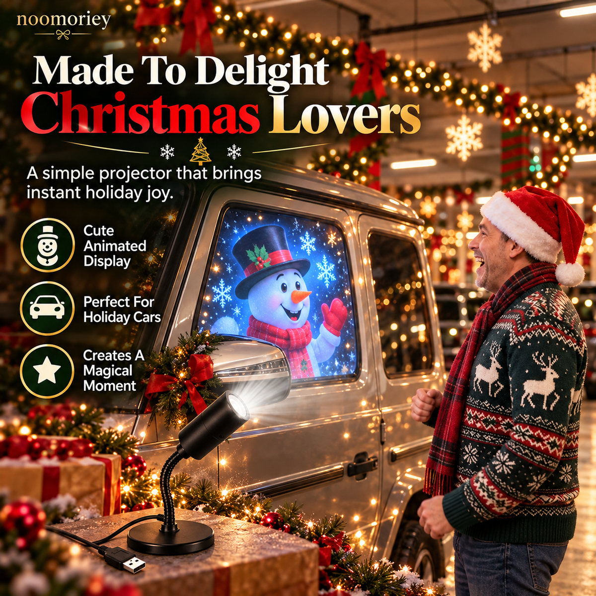 🎄 Christmas Window Projector Light – USB-Powered Flexible Holiday Snowman Display