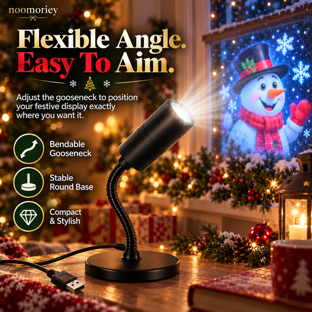 🎄 Christmas Window Projector Light – USB-Powered Flexible Holiday Snowman Display