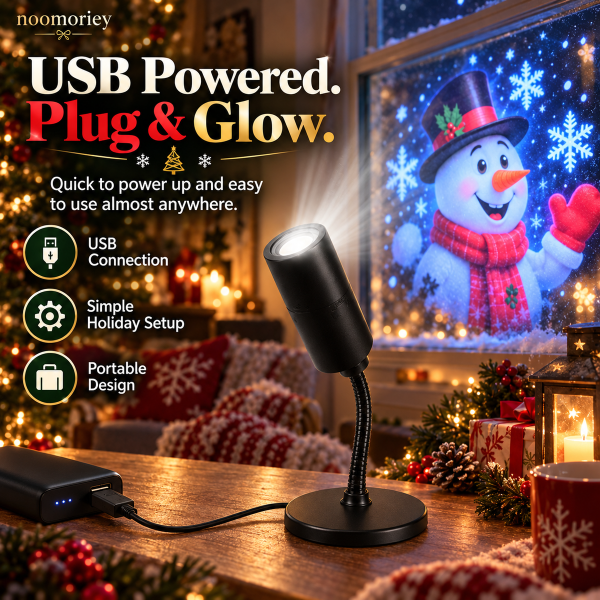 🎄 Christmas Window Projector Light – USB-Powered Flexible Holiday Snowman Display