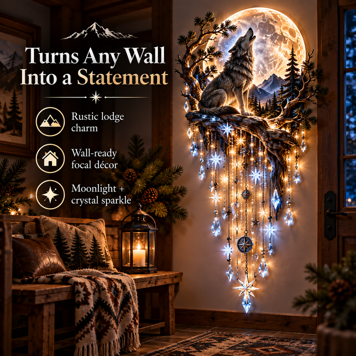 ⏳ Last Day 50% OFF-🐺🌕 Wolf Howling Moon Starfall Wall Light – Bring the Wild Home