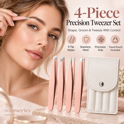 4-Piece Stainless Steel Beauty Tweezers Set – Flat-Tip Eyebrow, Hair Removal & False Lash Tools