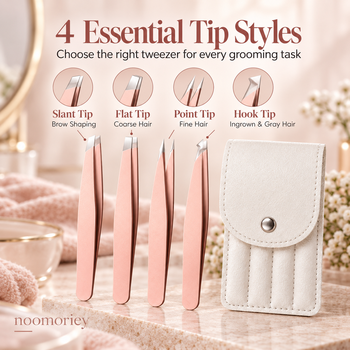 4-Piece Stainless Steel Beauty Tweezers Set – Flat-Tip Eyebrow, Hair Removal & False Lash Tools
