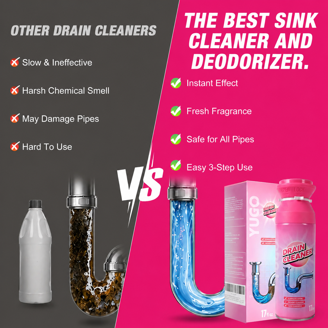 Household Safe Foam Mousse Drain Cleaner - Clog Remover, Deodorizer for Kitchen Drains and Sinks