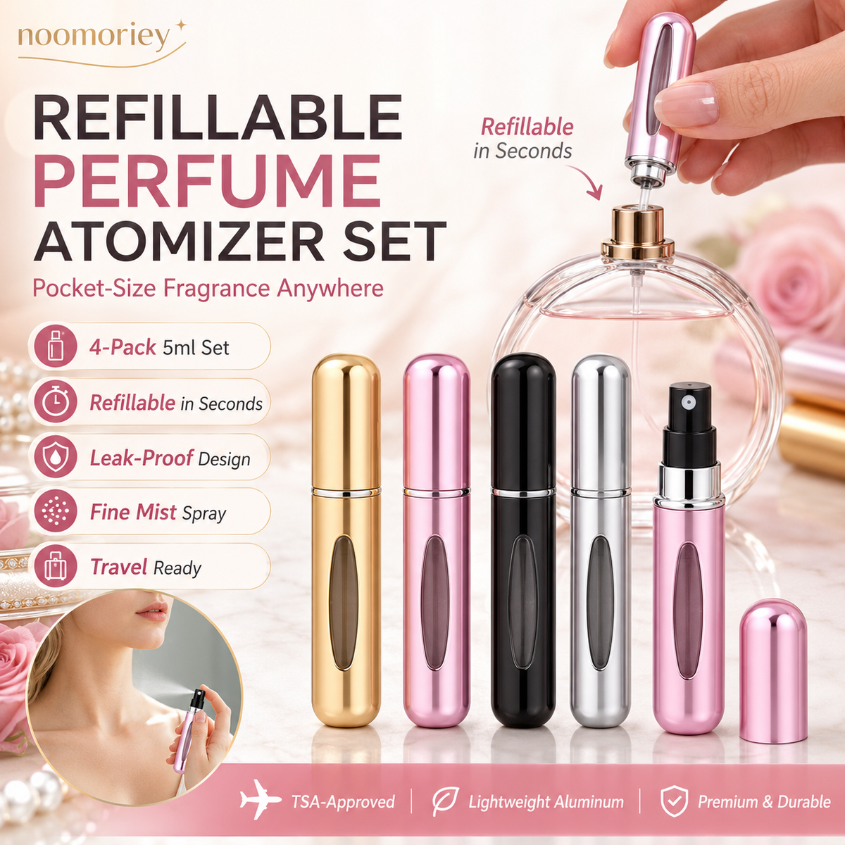 ✨ 4-Pack Refillable Perfume Atomizer Set – Leak-Proof Travel Spray Bottles