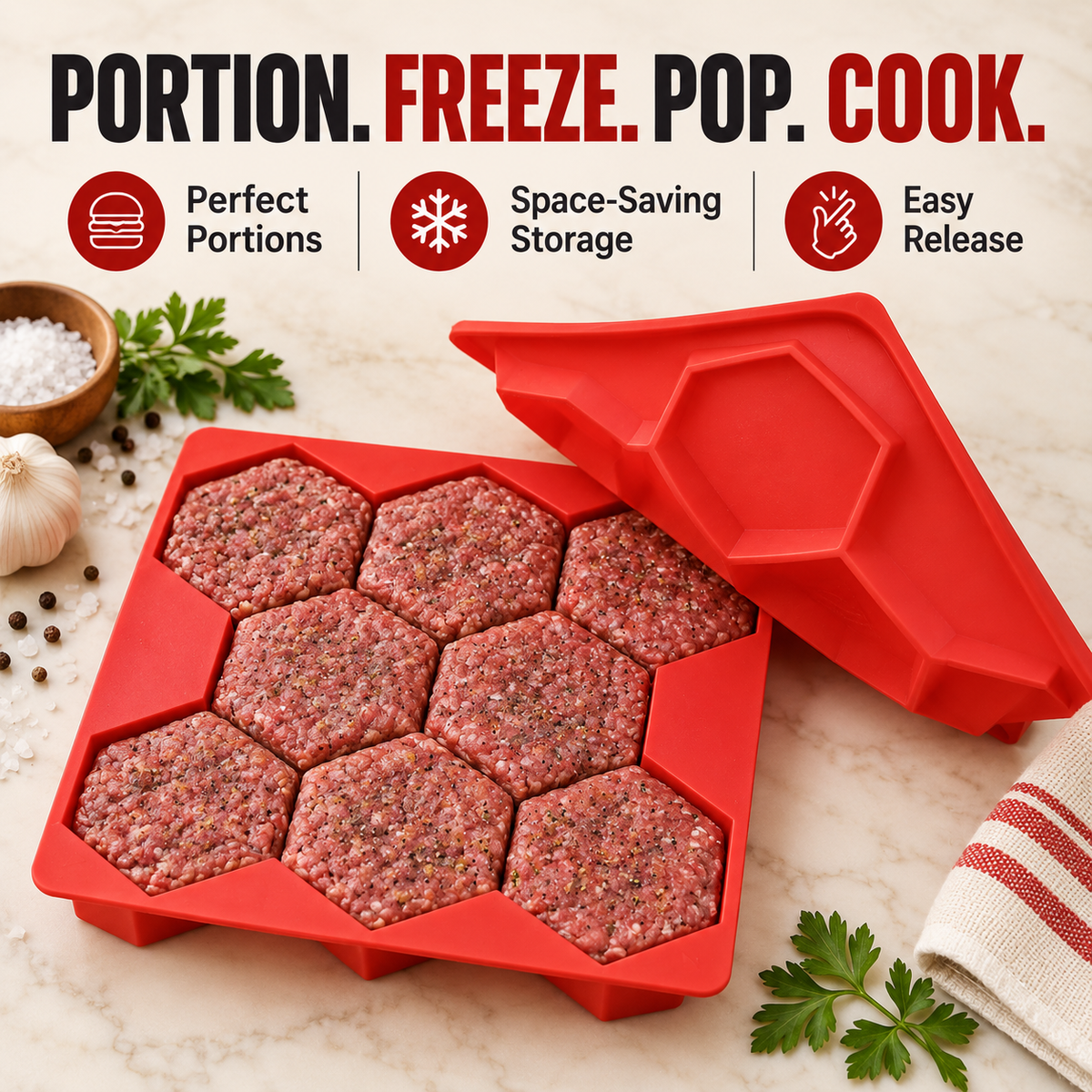 🍔 8‑in‑1 Burger Press & Freezer Container – Make Perfect Uniform Patties for Grilling & Meal Prep