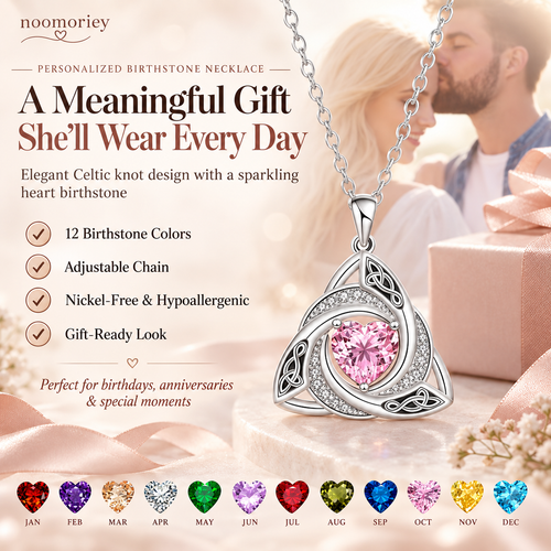 ✨ Celtic Witch’s Knot Birthstone Necklace – Personalized Geometric Pendant Gift