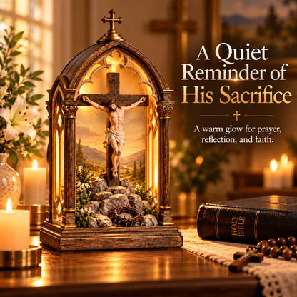 ✝️ Light of Calvary Illuminated Devotional Shrine – Jesus Crucifix Tabletop Prayer Decor
