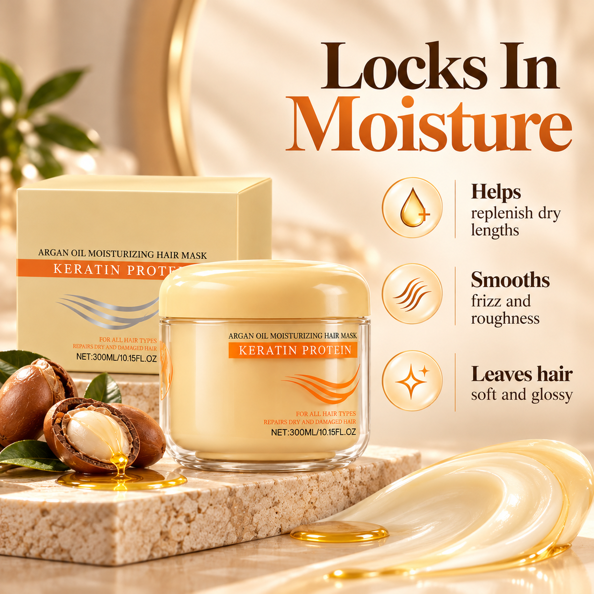 ✨Keratin & Argan Oil Hair Mask for Dry, Damaged Hair – 300ml