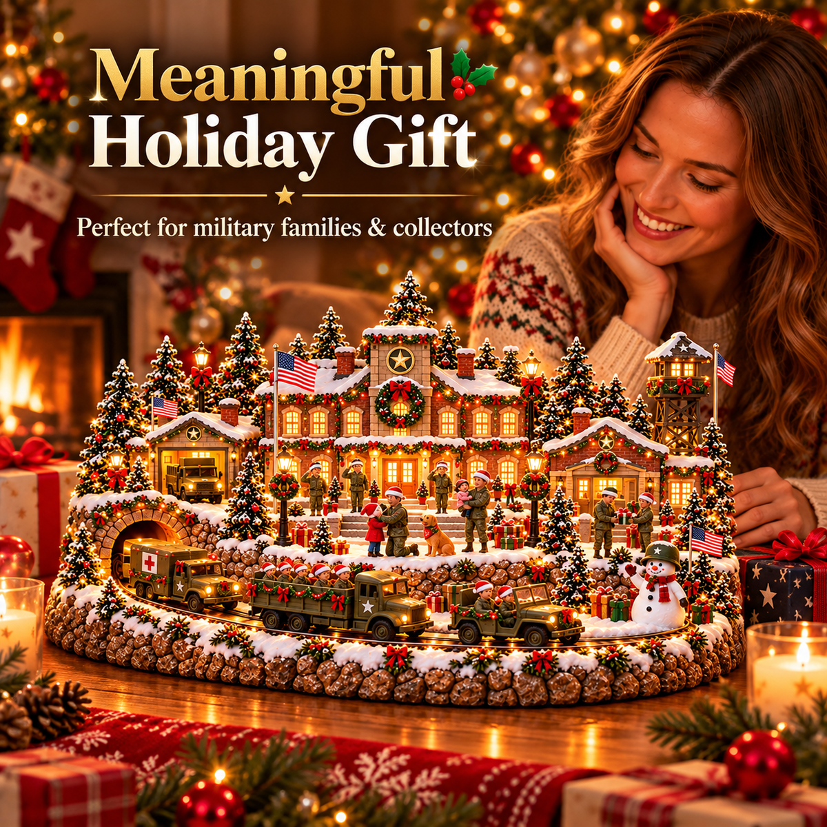 🎄 Home for the Holidays Military Christmas Village™ – Warm LED Lights, Army-Inspired Vehicles & Heartwarming Holiday Display
