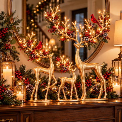 🦌❤️ Forest Cardinal Gold Reindeer — Illuminated Christmas Reindeer Decoration