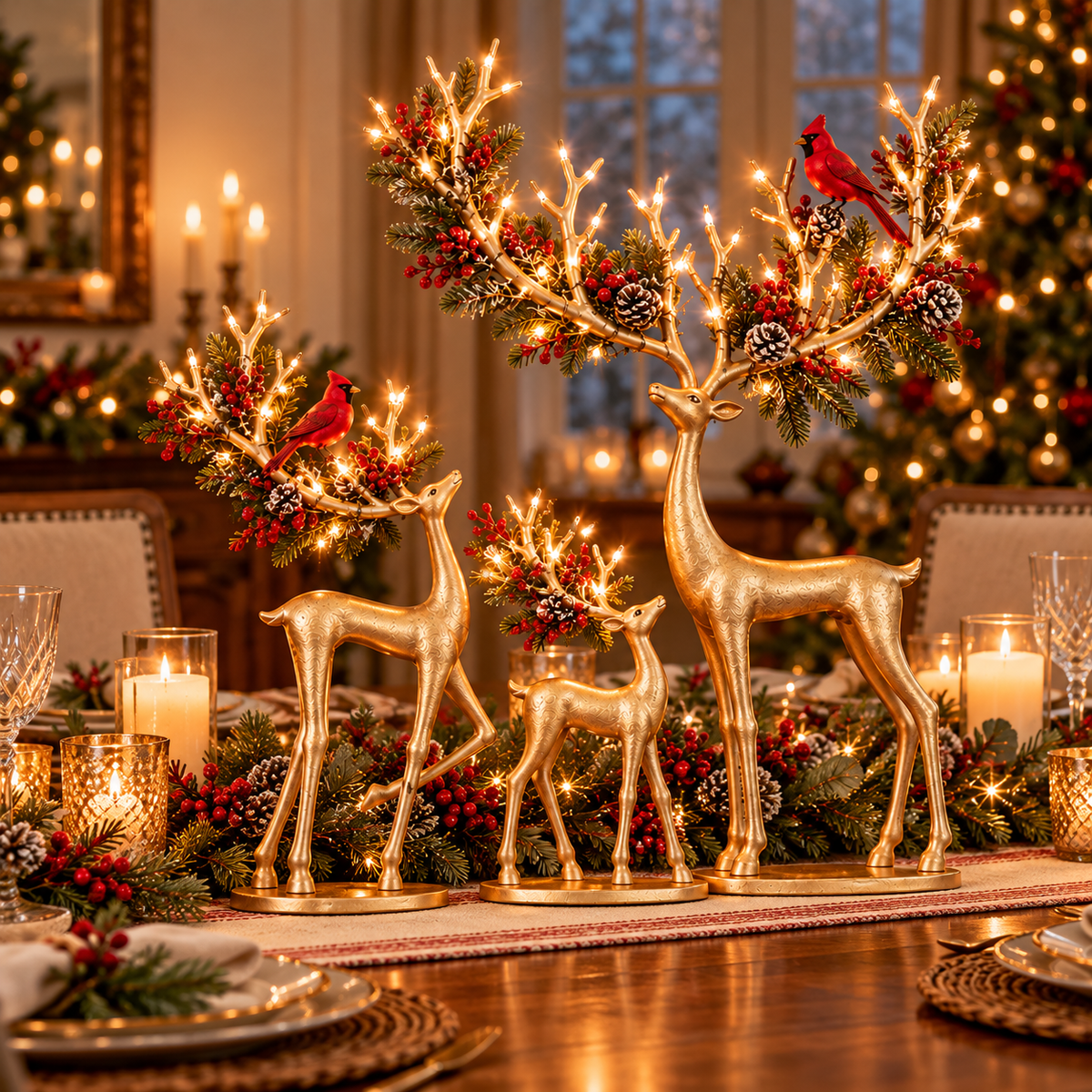🦌❤️ Forest Cardinal Gold Reindeer — Illuminated Christmas Reindeer Decoration
