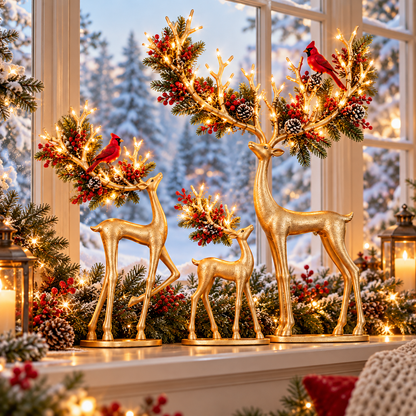 🦌❤️ Forest Cardinal Gold Reindeer — Illuminated Christmas Reindeer Decoration