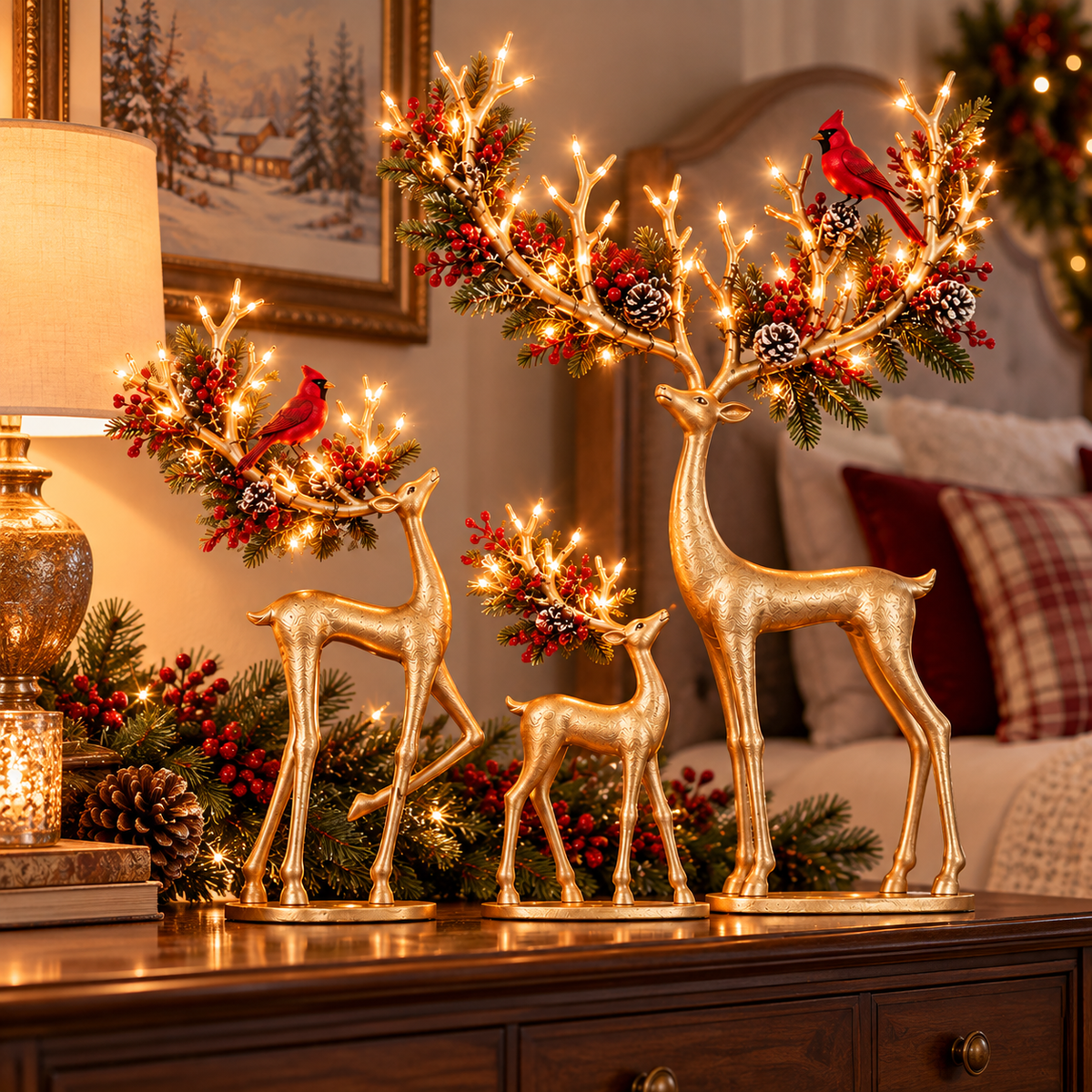 🦌❤️ Forest Cardinal Gold Reindeer — Illuminated Christmas Reindeer Decoration