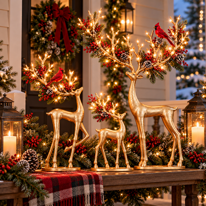 🦌❤️ Forest Cardinal Gold Reindeer — Illuminated Christmas Reindeer Decoration