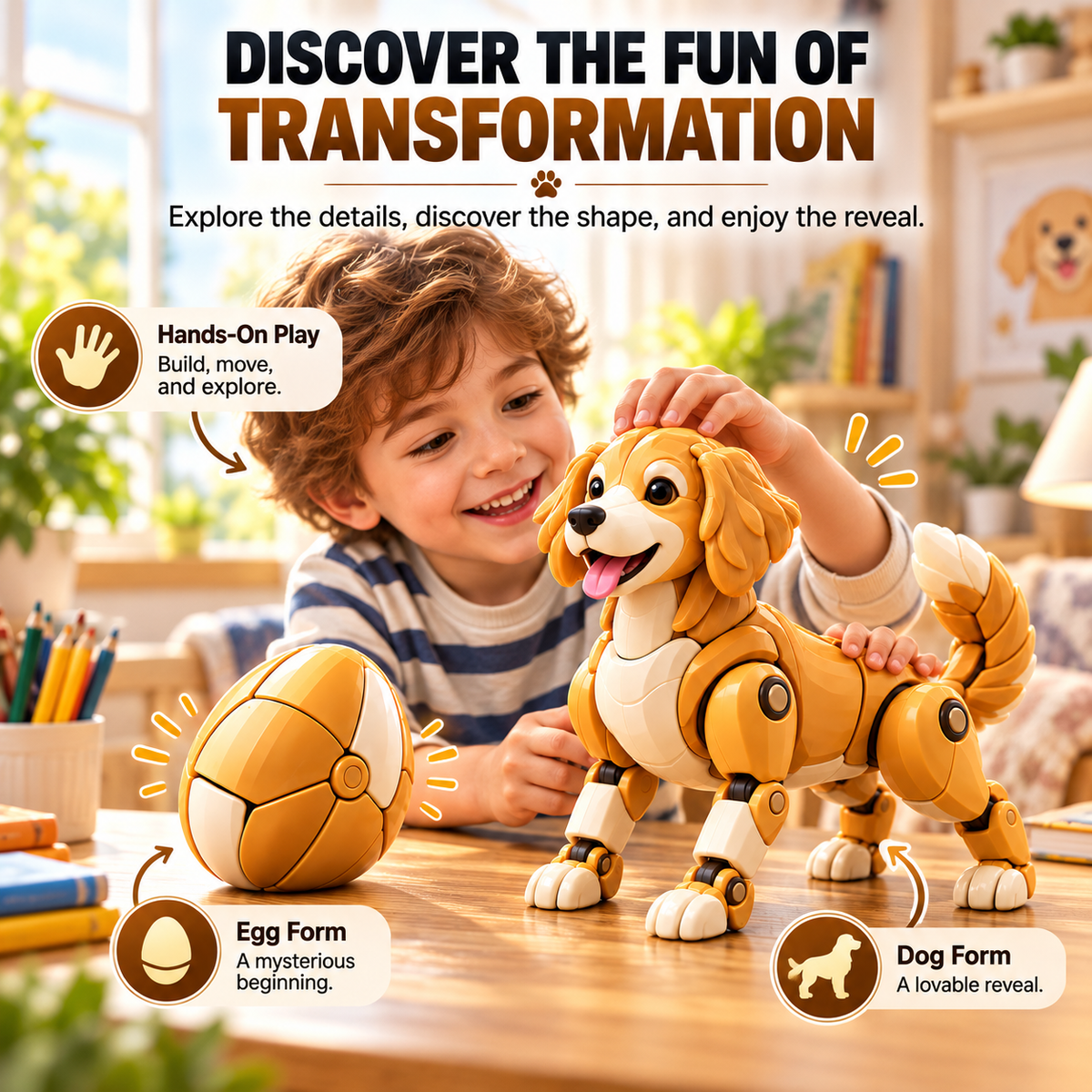 🥚 Egg to Golden Retriever – 2-in-1 Transforming Mechanical Dog Figure