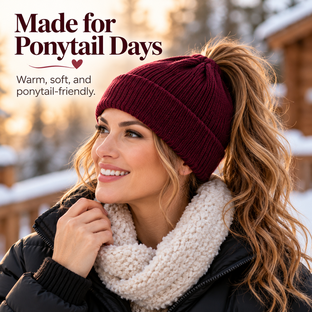 Woman wearing a burgundy rib-knit ponytail beanie with her hair pulled through the hidden opening