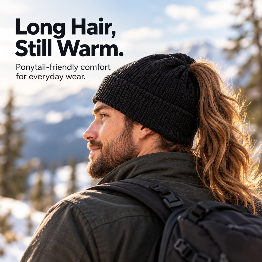 Man wearing a black ponytail-friendly winter beanie during a snowy outdoor walk