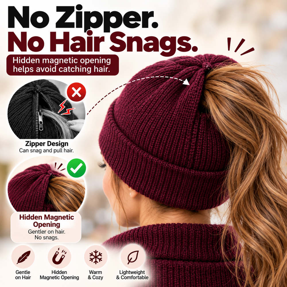 Close-up comparison of a zipper opening and the beanie's hidden magnetic ponytail opening
