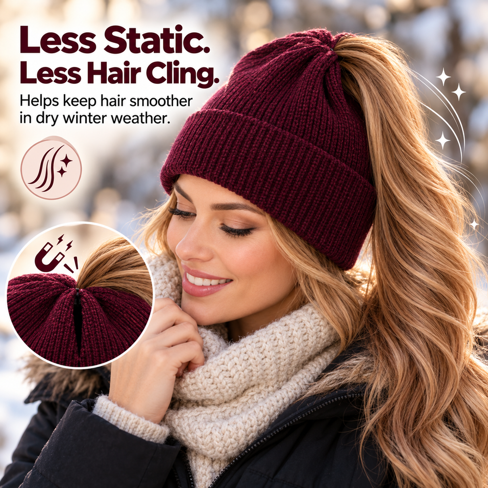 Burgundy rib-knit ponytail beanie shown close up with hair pulled through the opening