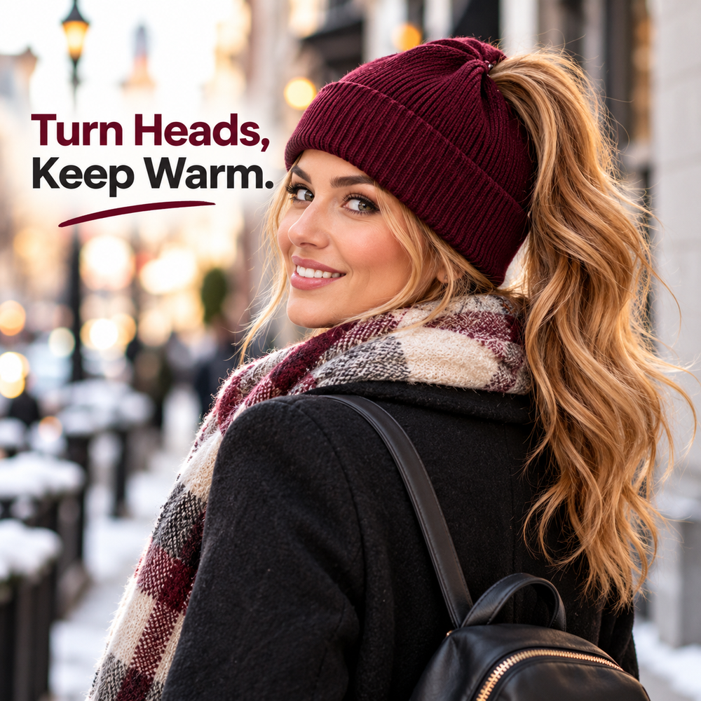 Woman wearing a burgundy ponytail beanie outdoors with her ponytail coming through the opening