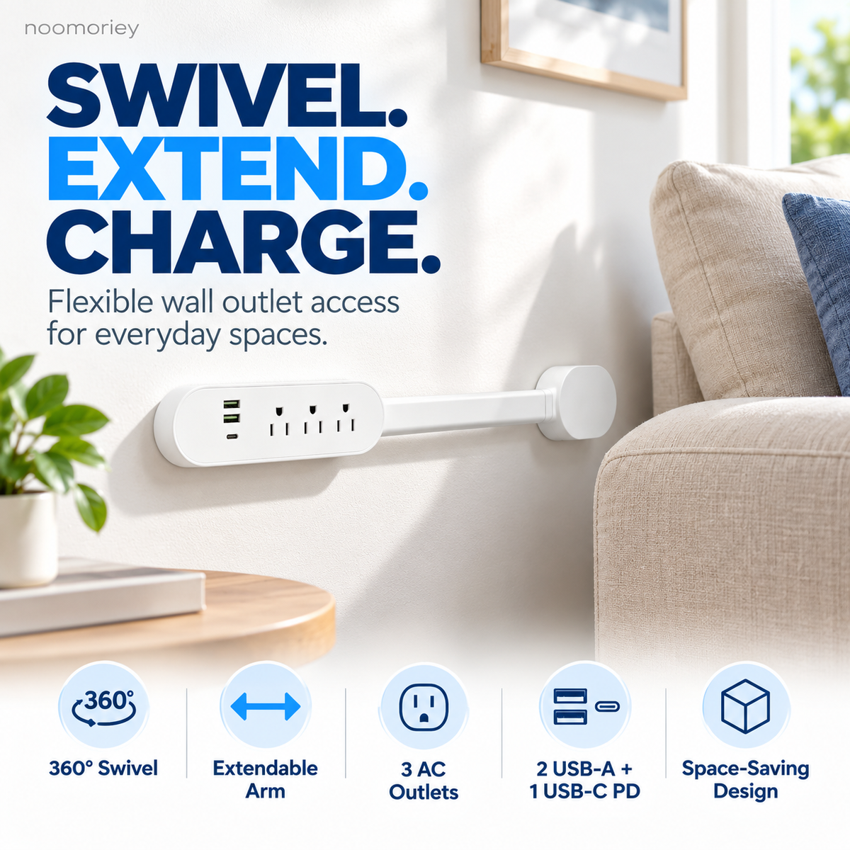 White 360° Rotating Power Strip with 3 AC Outlets, 2 USB-A & USB-C PD Charging Ports