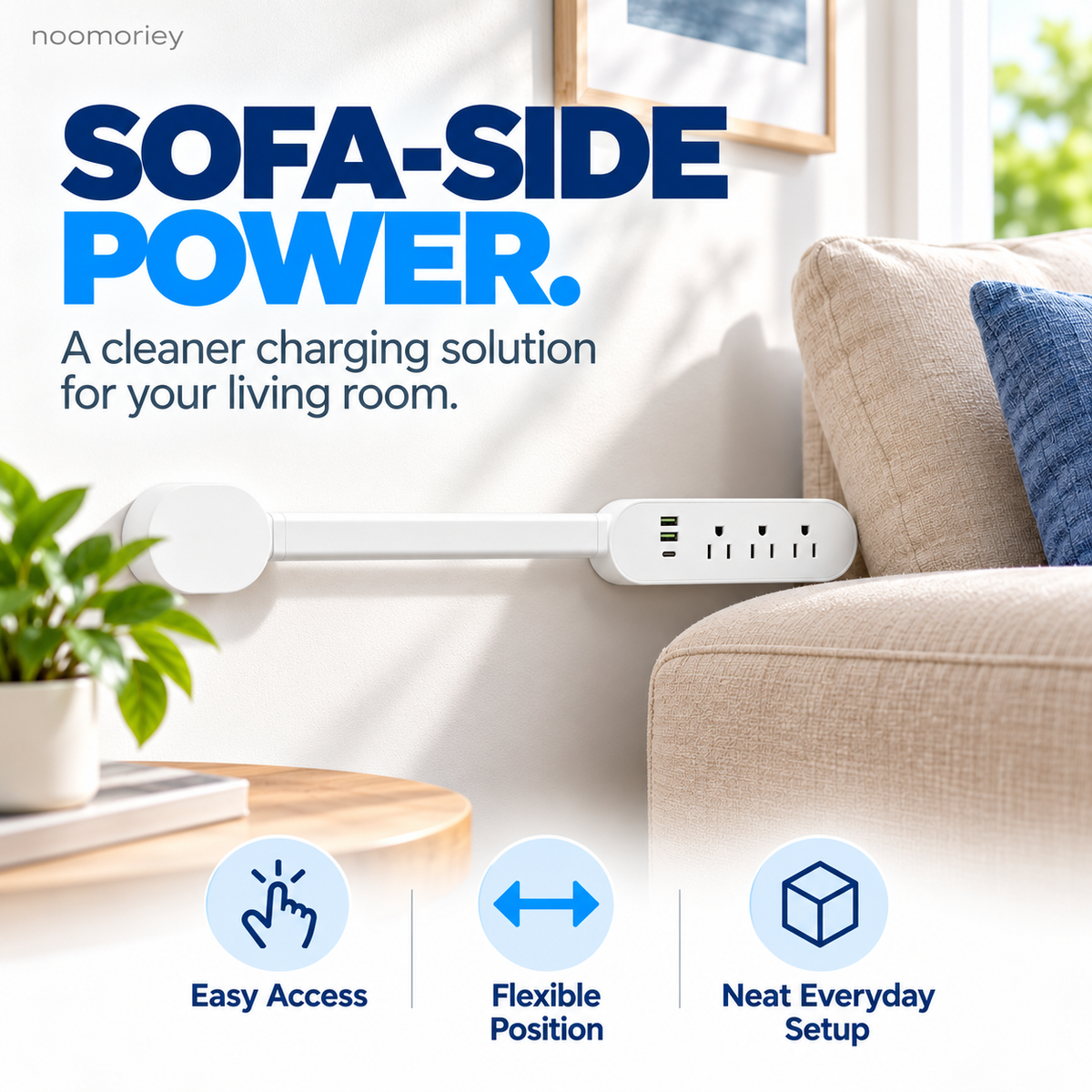 White 360° Rotating Power Strip with 3 AC Outlets, 2 USB-A & USB-C PD Charging Ports