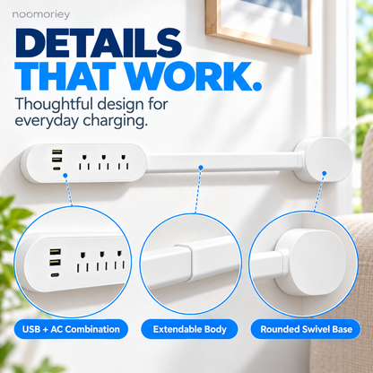 White 360° Rotating Power Strip with 3 AC Outlets, 2 USB-A & USB-C PD Charging Ports
