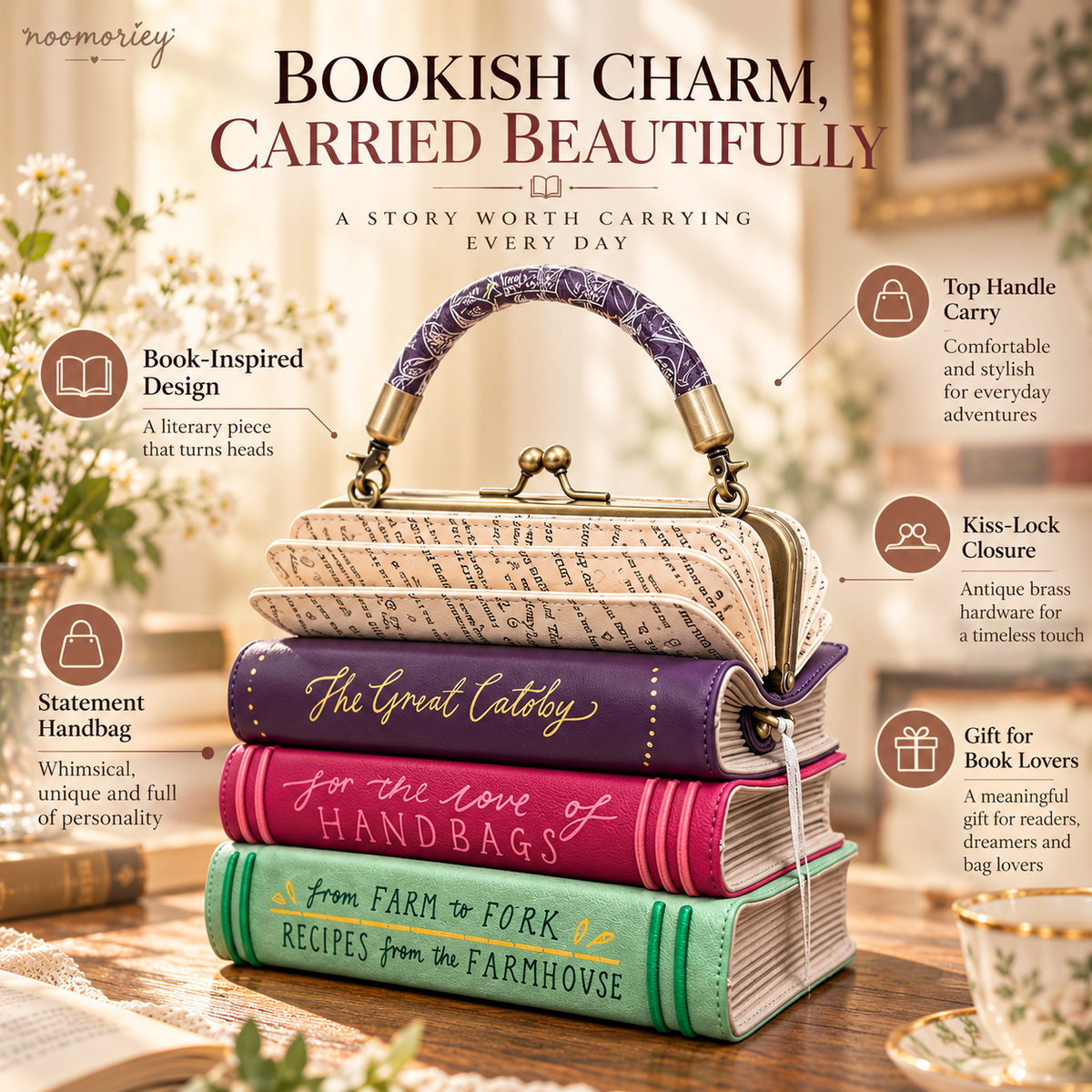 Book Stack Handbag – Vintage-Inspired Book-Shaped Top Handle Purse, Unique Gift for Book Lovers