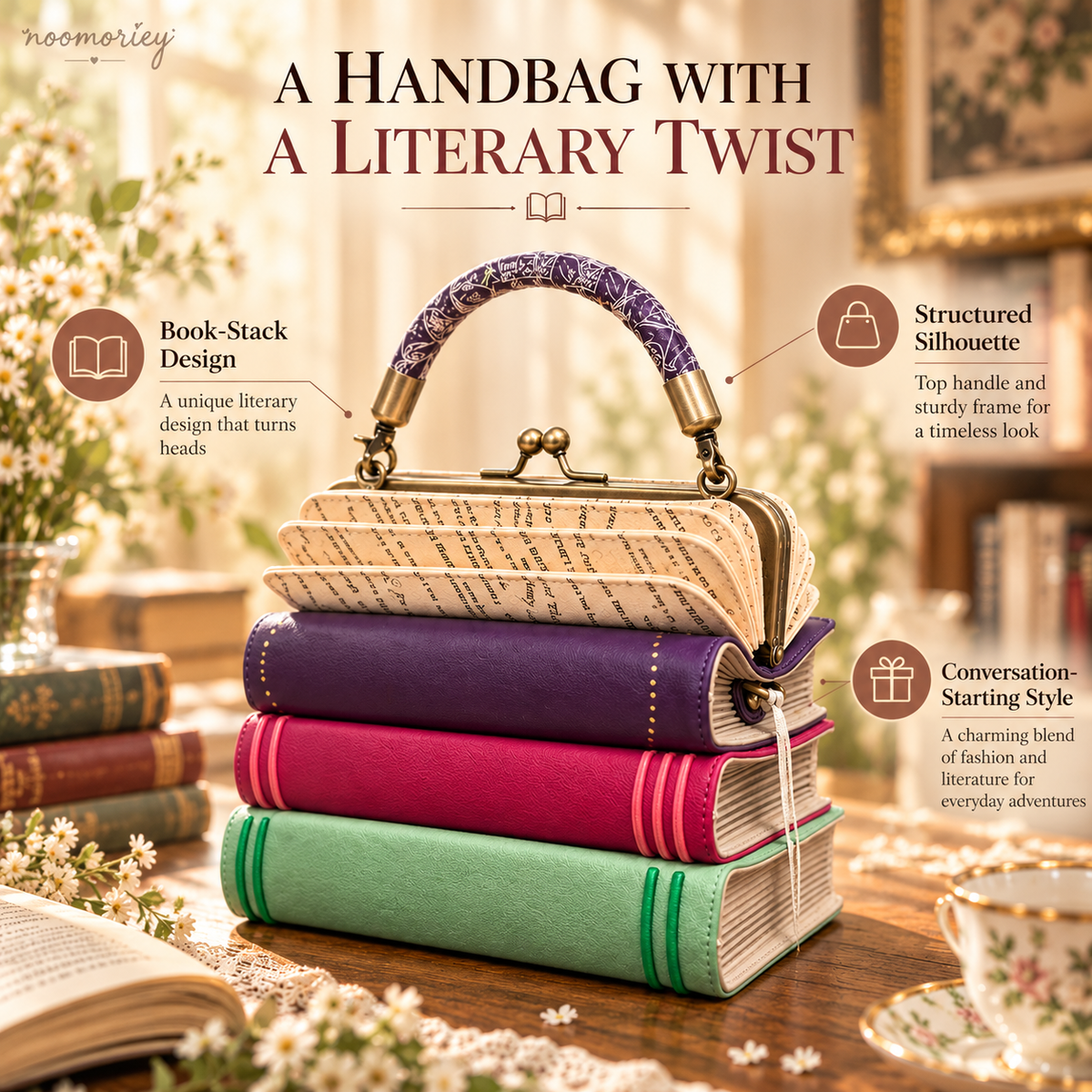 Book Stack Handbag – Vintage-Inspired Book-Shaped Top Handle Purse, Unique Gift for Book Lovers