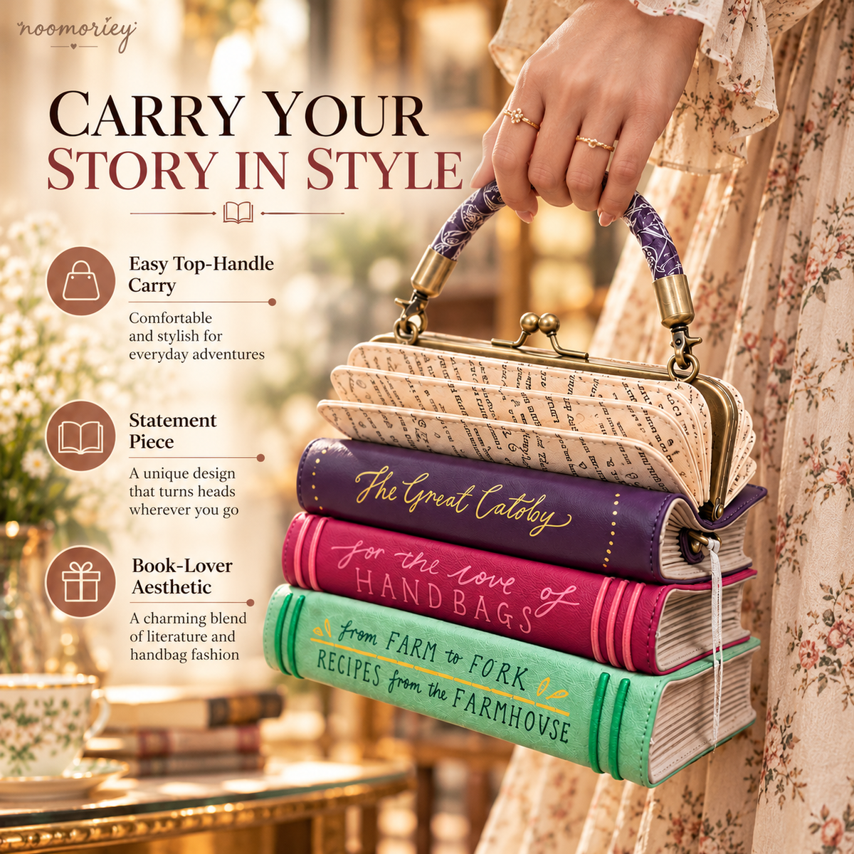 Book Stack Handbag – Vintage-Inspired Book-Shaped Top Handle Purse, Unique Gift for Book Lovers