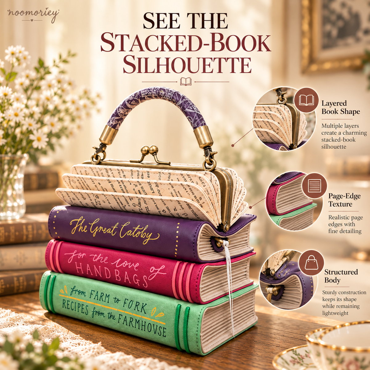 Book Stack Handbag – Vintage-Inspired Book-Shaped Top Handle Purse, Unique Gift for Book Lovers