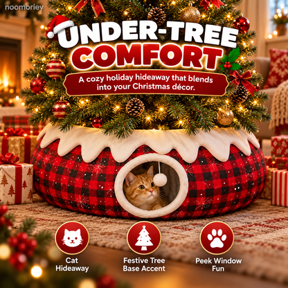 Christmas Tree Skirt Cat Tunnel – Cozy Buffalo Plaid Cat Hideaway with Peek Window & Hanging Pom-Pom Toy