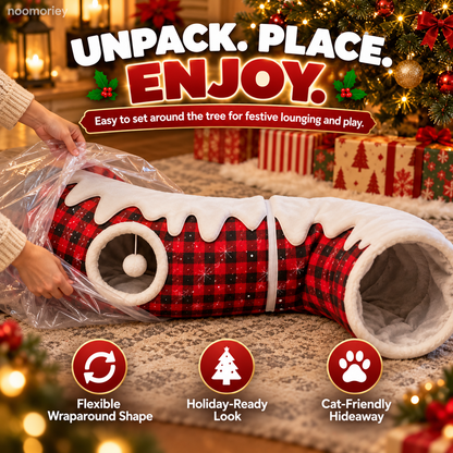 Christmas Tree Skirt Cat Tunnel – Cozy Buffalo Plaid Cat Hideaway with Peek Window & Hanging Pom-Pom Toy