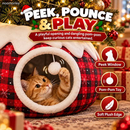 Christmas Tree Skirt Cat Tunnel – Cozy Buffalo Plaid Cat Hideaway with Peek Window & Hanging Pom-Pom Toy