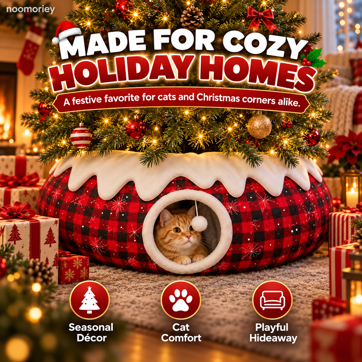 Christmas Tree Skirt Cat Tunnel – Cozy Buffalo Plaid Cat Hideaway with Peek Window & Hanging Pom-Pom Toy