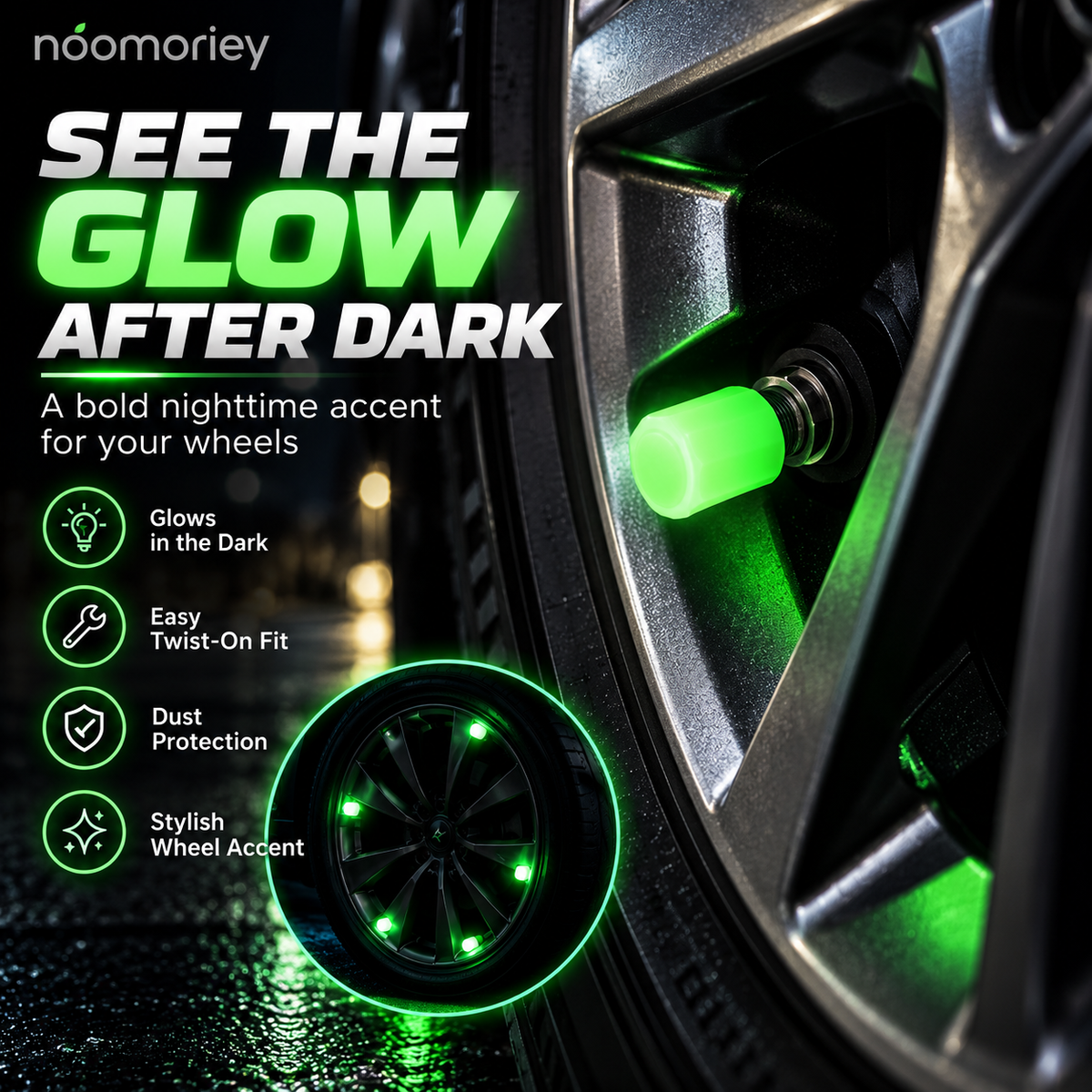 Glow-in-the-Dark Tire Valve Stem Caps – 4PCS Neon Green Twist-On Wheel Accessories