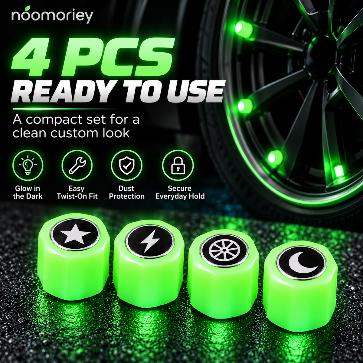 Glow-in-the-Dark Tire Valve Stem Caps – 4PCS Neon Green Twist-On Wheel Accessories