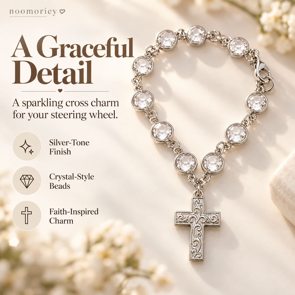 Crystal Cross Beaded Charm – Elegant Silver-Tone Faith-Inspired Decorative Accessory & Gift