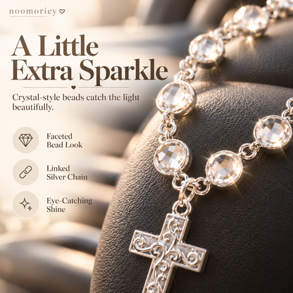 Crystal Cross Beaded Charm – Elegant Silver-Tone Faith-Inspired Decorative Accessory & Gift