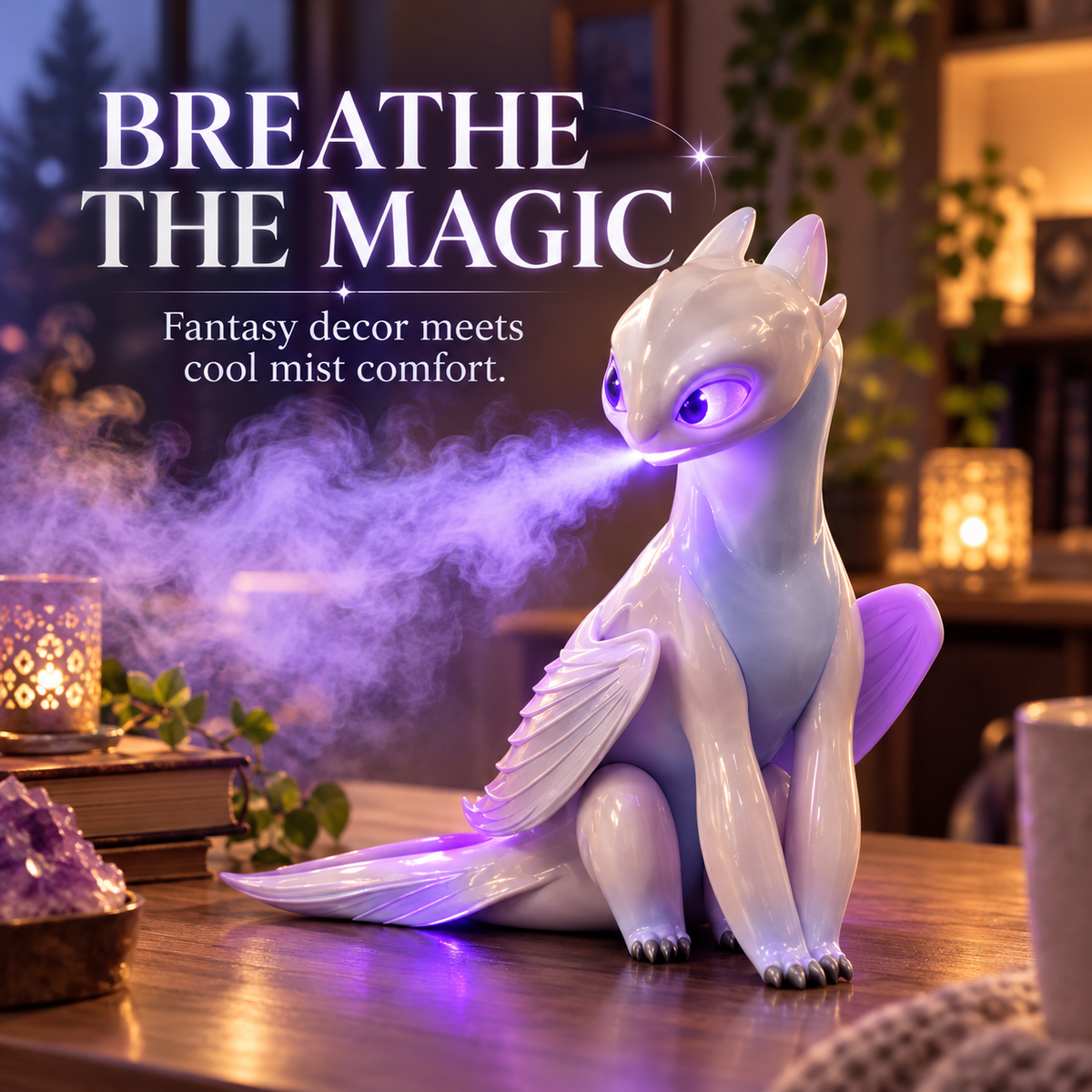 🐉 💨Mystic White Dragon Mist Humidifier ✨ Glowing LED Cool Mist Diffuser & Fantasy Desk Decor